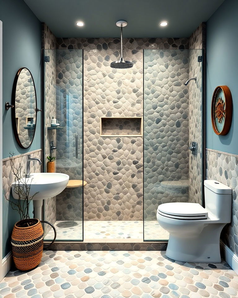 durable pebble tile walk in shower - 20 Pebble Tile Bathroom Ideas
