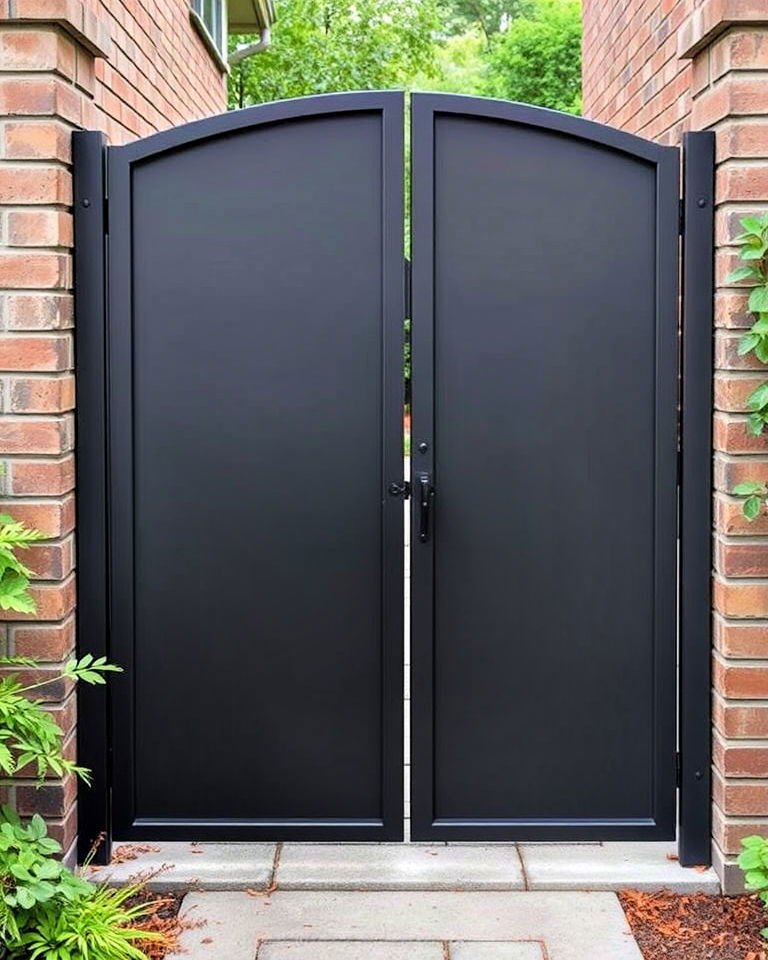 durable privacy metal gate with solid panels - 25 Metal Garden Gate Ideas