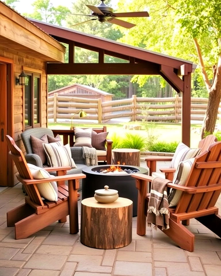 durable rustic outdoor seating - 30 Ranch House Landscaping Ideas