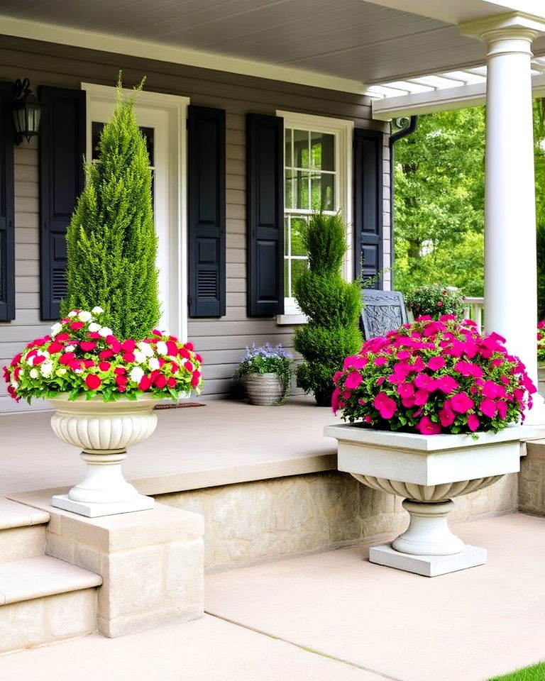 durable stone planters for stately accents - 30 Colonial Front Porch Ideas