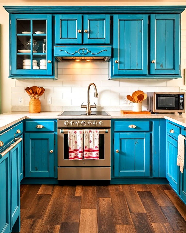 durable teal blue distressed cabinets - 30 Blue Farmhouse Kitchen Cabinets