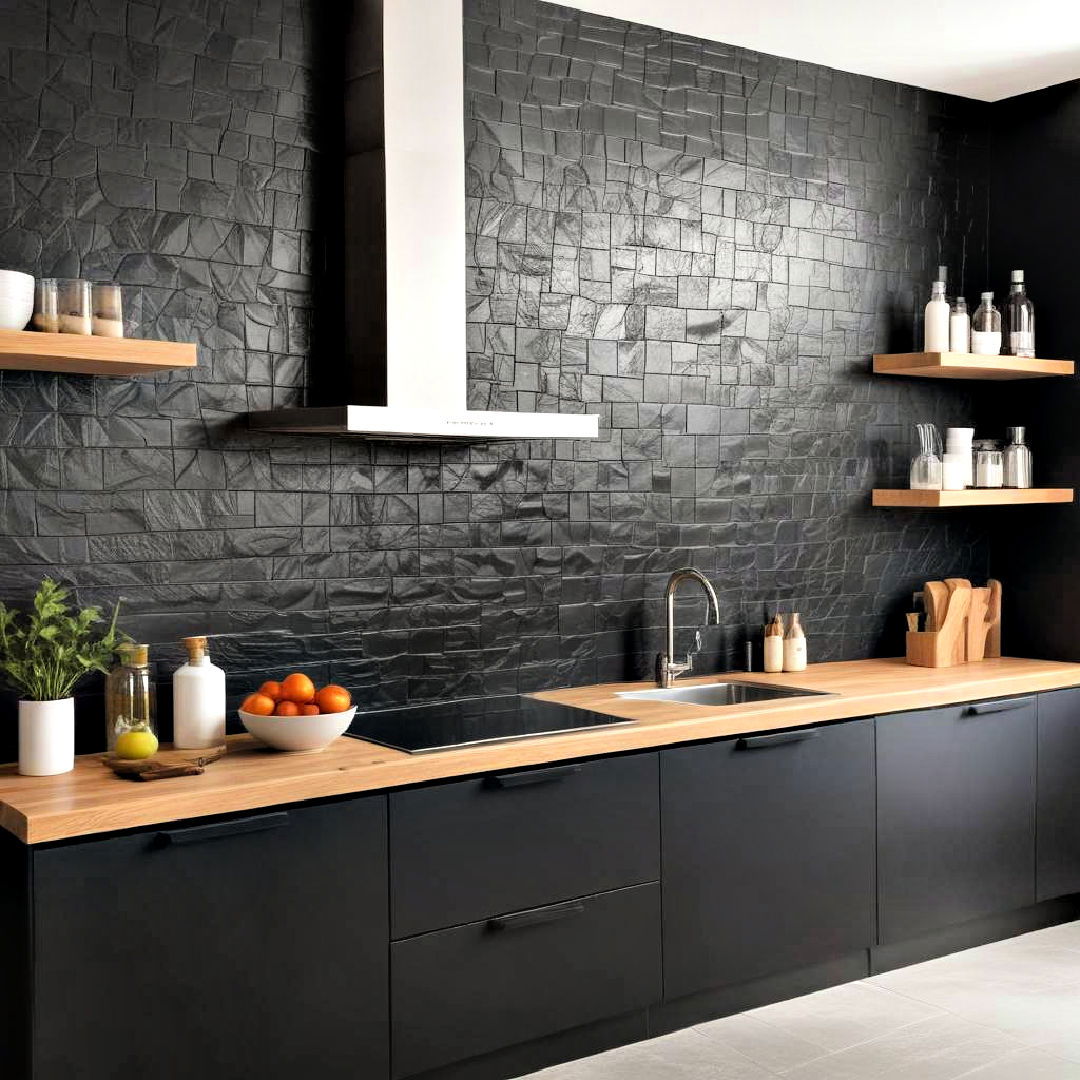 durable textured black wall panels - 40 Black Kitchen Ideas
