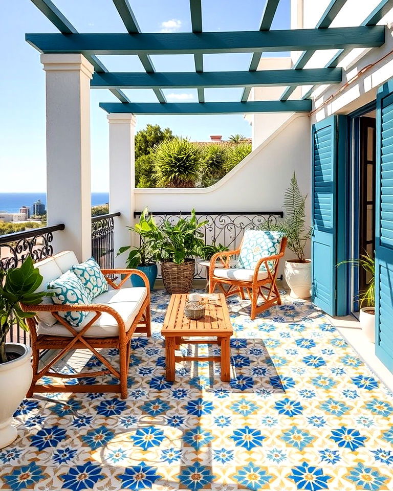 durable vibrant mosaic tile flooring - 20 Mediterranean Balcony Ideas