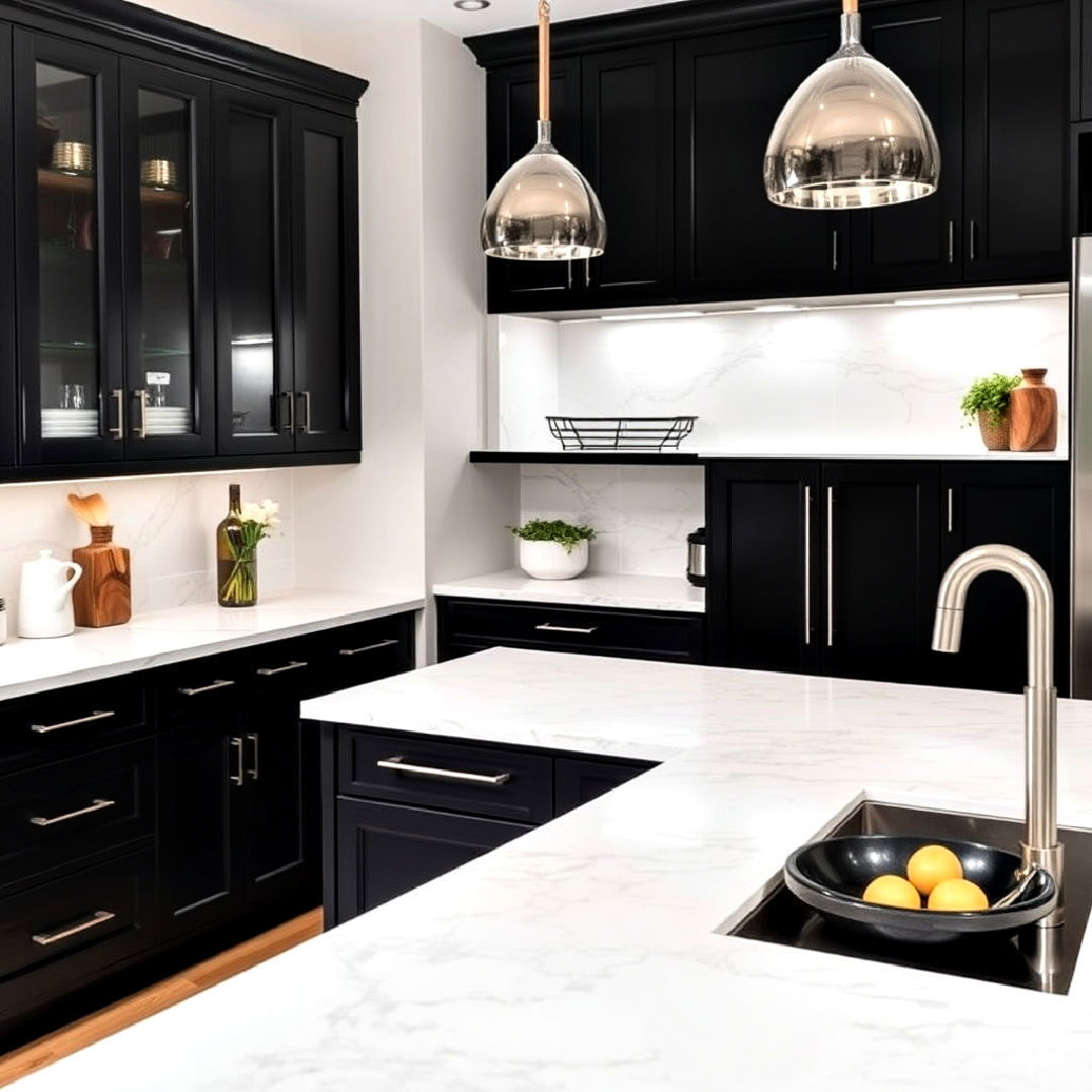 durable white quartzite countertops with black cabinets - 15 Black Kitchen Cabinets With White Countertops