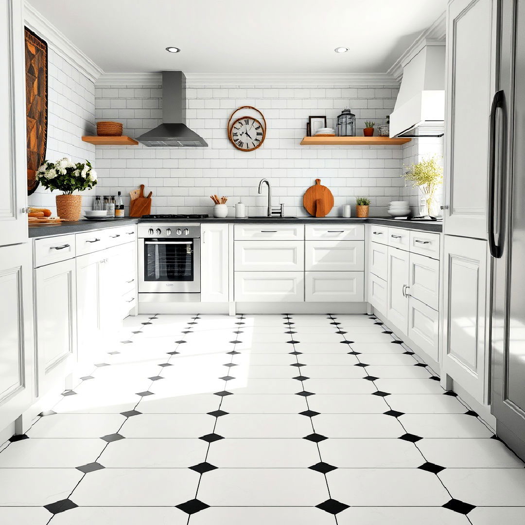 durable white tile flooring with black grout - 40 Black and White Kitchen Ideas