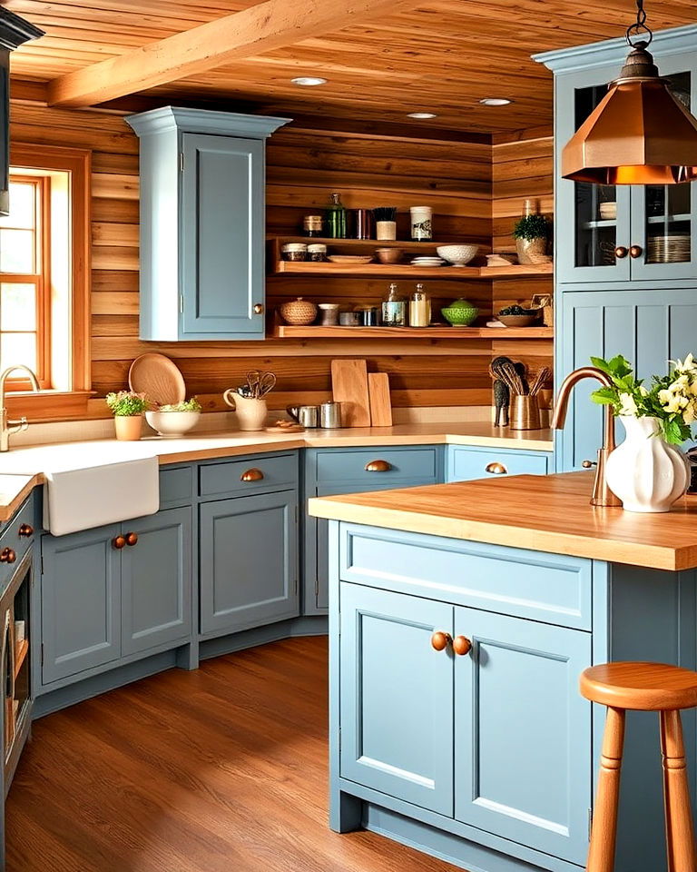 dusty blue cabinets and copper hardware - 30 Blue Farmhouse Kitchen Cabinets