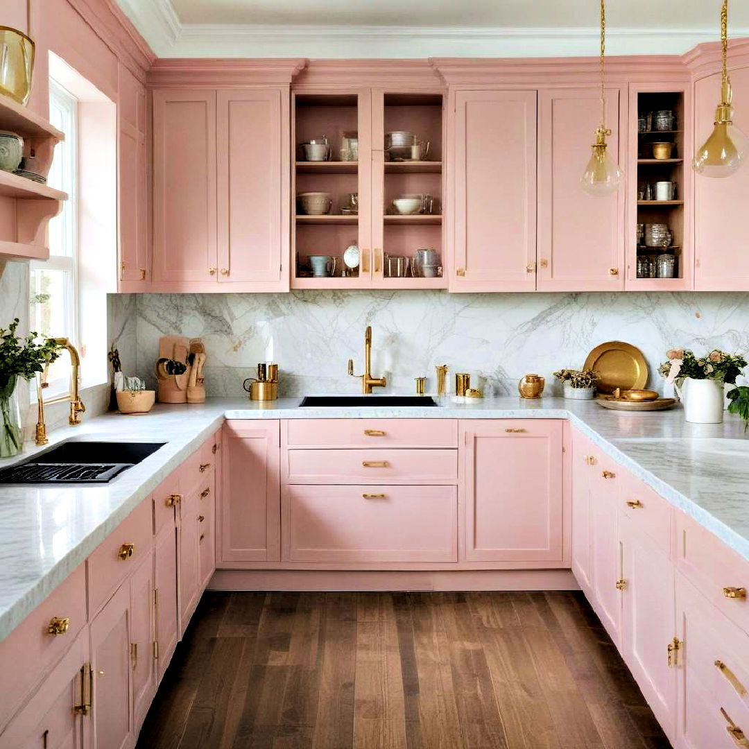 dusty rose painted cabinets with gold hardware - 40 Painted Kitchen Cabinet Ideas