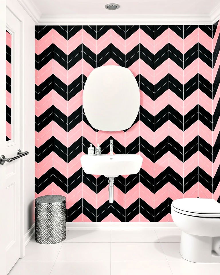 dynamic black and pink chevron tile backsplash - 25 Pink and Black Bathroom Ideas