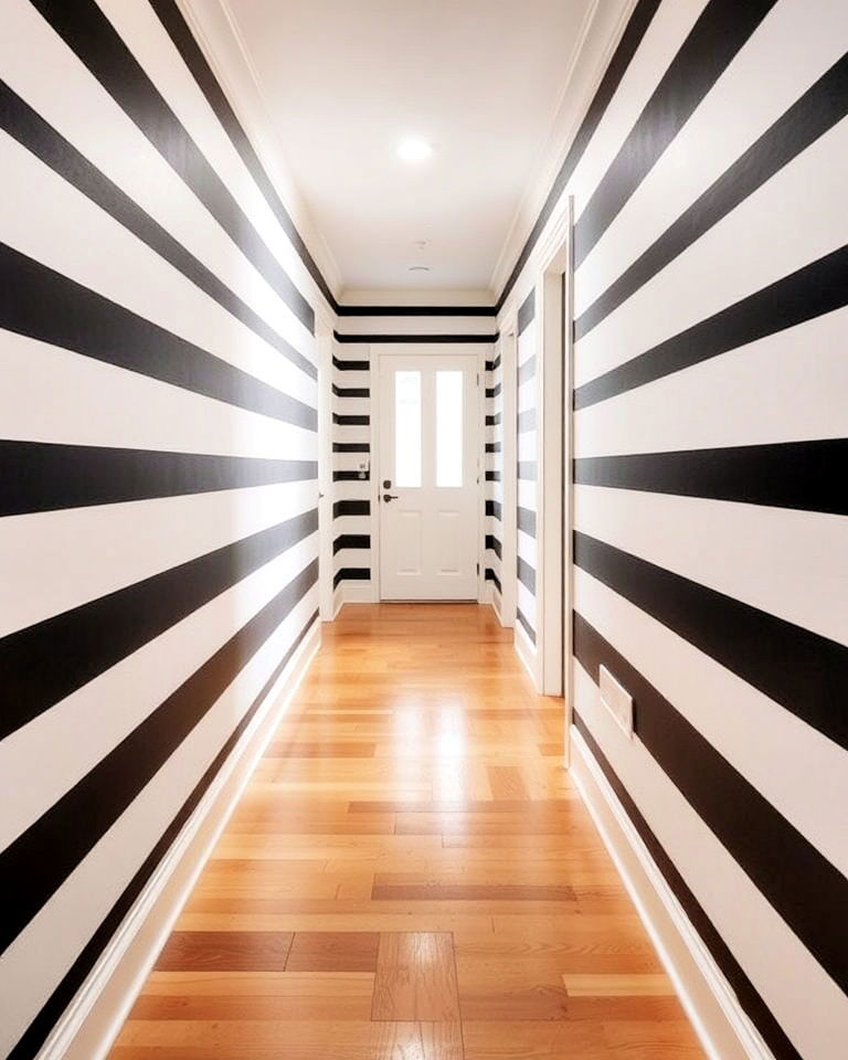 dynamic black and white stripes - 15 Black Hallway Ideas
