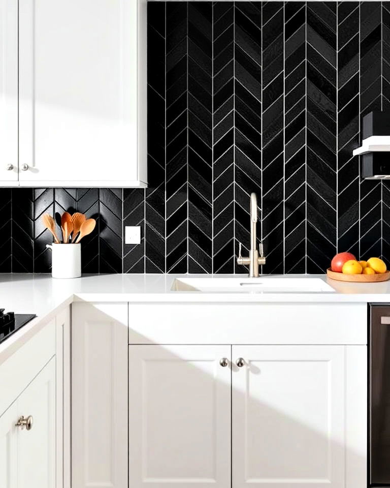 dynamic black chevron backsplash - 30 Kitchen With Black Backsplash