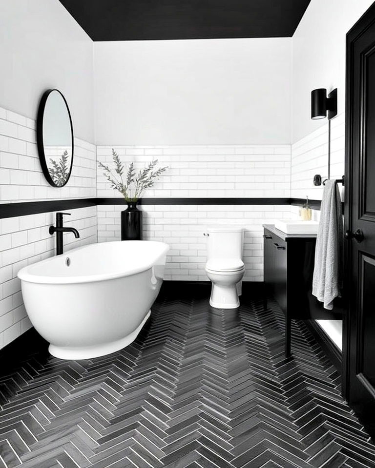 dynamic black chevron tile flooring - 20 Black Floor Bathroom With White Walls Ideas