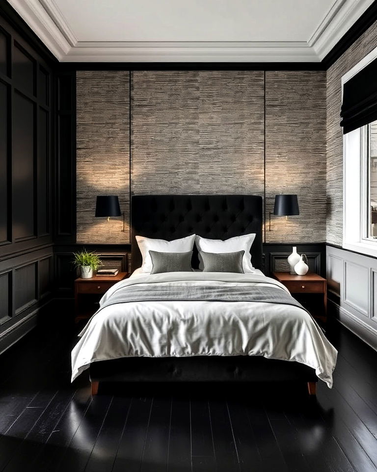 dynamic black floor with textured walls - 20 Black Floor Bedroom Ideas