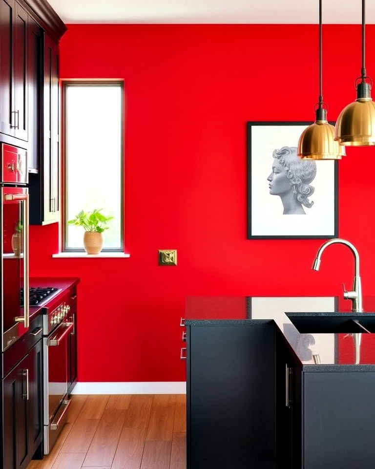 dynamic black kitchen with red accent wall - 25 Red and Black Kitchen Ideas