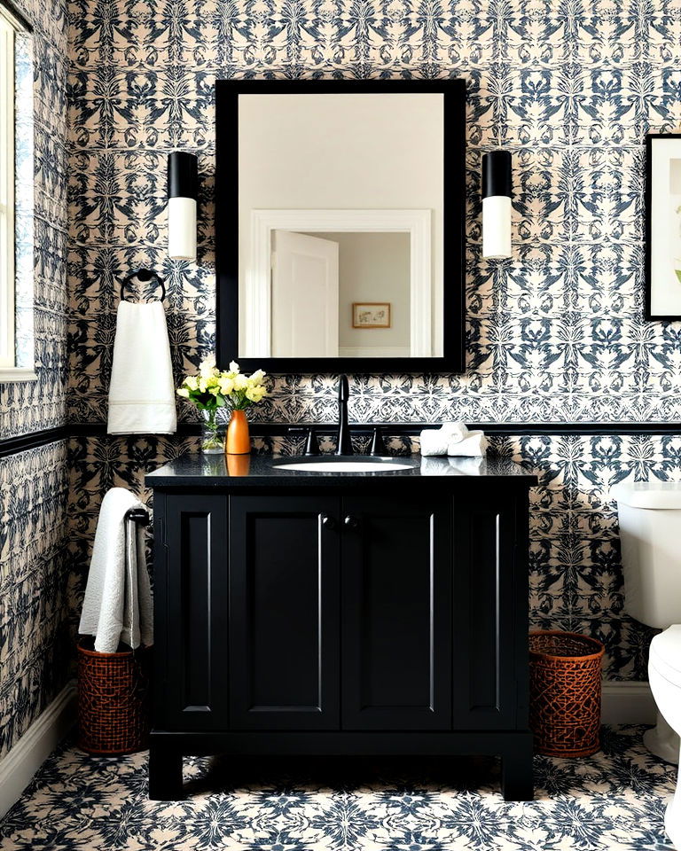 dynamic black vanity and patterned tile backsplash - 20 Black Vanity Bathroom Ideas