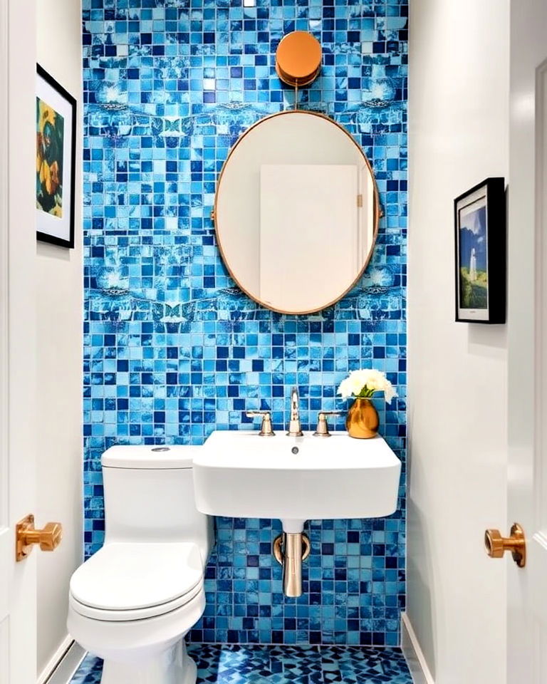 dynamic blue mosaic tile details - 20 Blue Powder Room Ideas