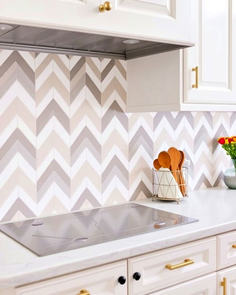 dynamic chevron pattern backsplash - 40 Kitchen Backsplash Ideas for White Cabinets