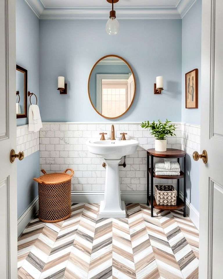 dynamic chevron patterned tiles flooring - 25 Powder Room Floor Tile Ideas