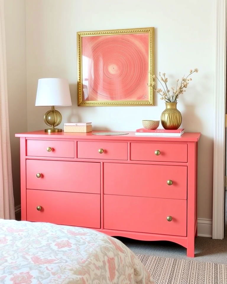 dynamic coral painted dresser - 25 Coral Bedroom Ideas