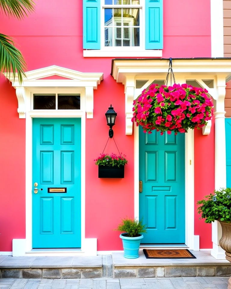 dynamic coral pink with turquoise and white - 25 Pink Victorian House Ideas