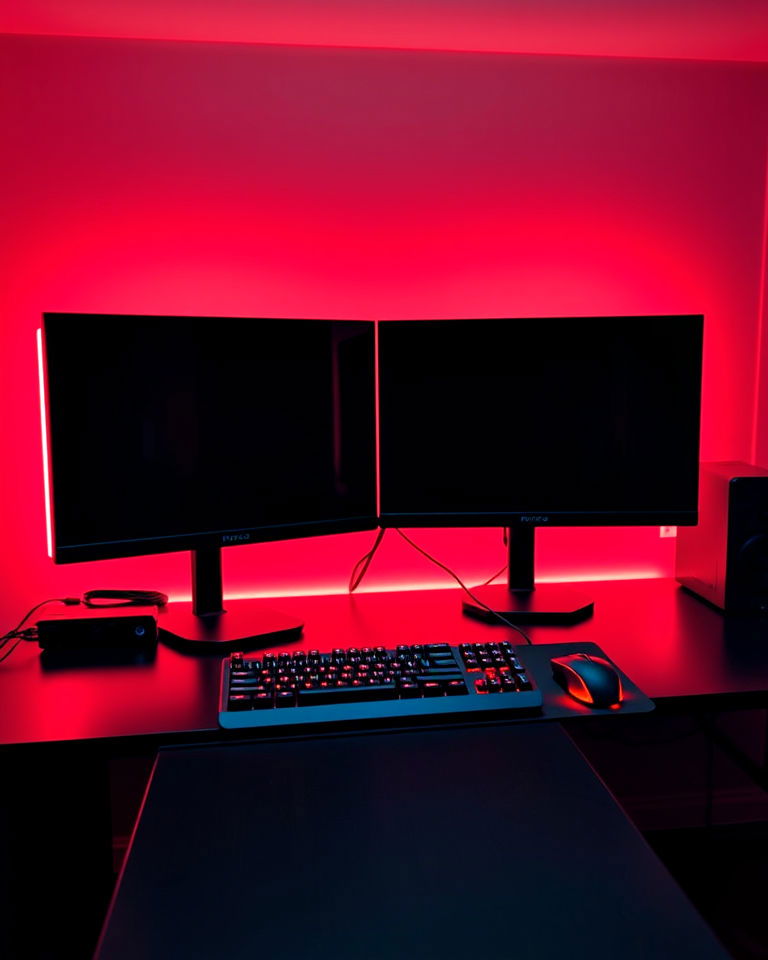 dynamic dual monitor setup and neon red lighting - 20 Red and Black Gaming Setup Ideas