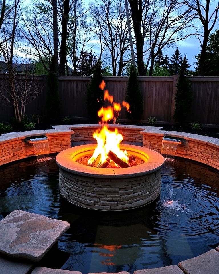 dynamic fire pit surrounded by water features - 20 Front Yard Fire Pit Ideas