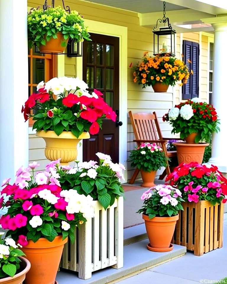 dynamic floral wonderland with potted blooms - 15 Cottage Front Porch Ideas
