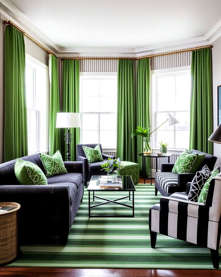 dynamic green and black with striped patterns - 30 Black and Green Living Room Ideas