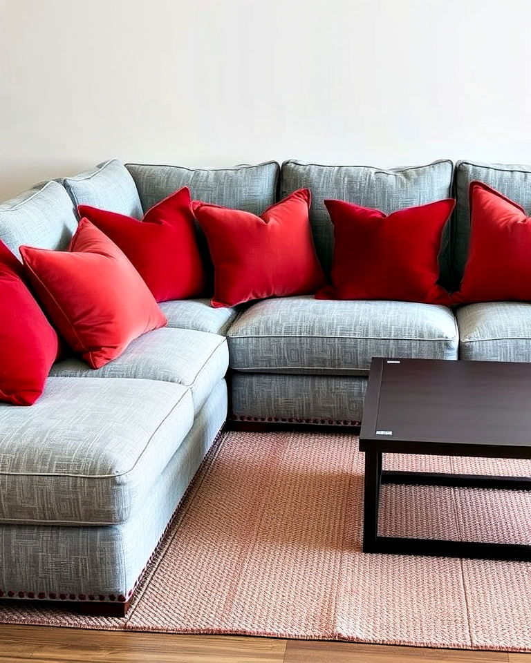dynamic grey sectional sofa with red throw pillows - 25 Red and Grey Living Room Ideas