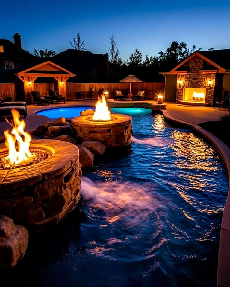 dynamic lazy river with fire features - 20 Lazy River Swimming Pool Ideas
