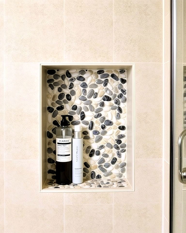dynamic look pebble tile shower niche - 20 Pebble Tile Bathroom Ideas