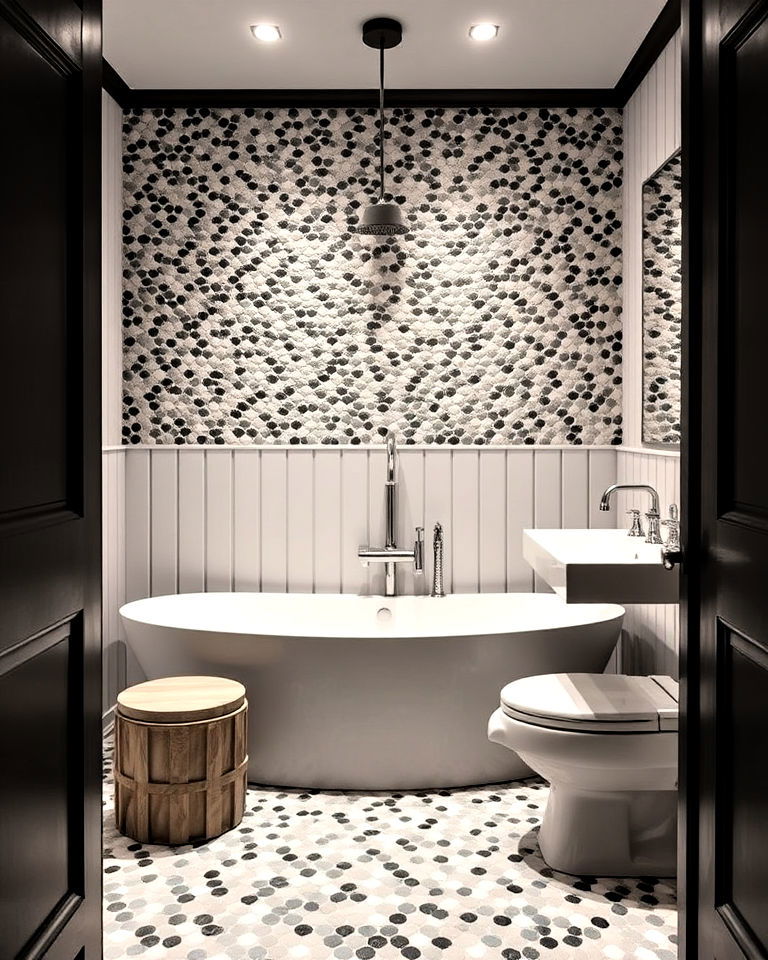 dynamic look two tone pebble tile design - 20 Pebble Tile Bathroom Ideas
