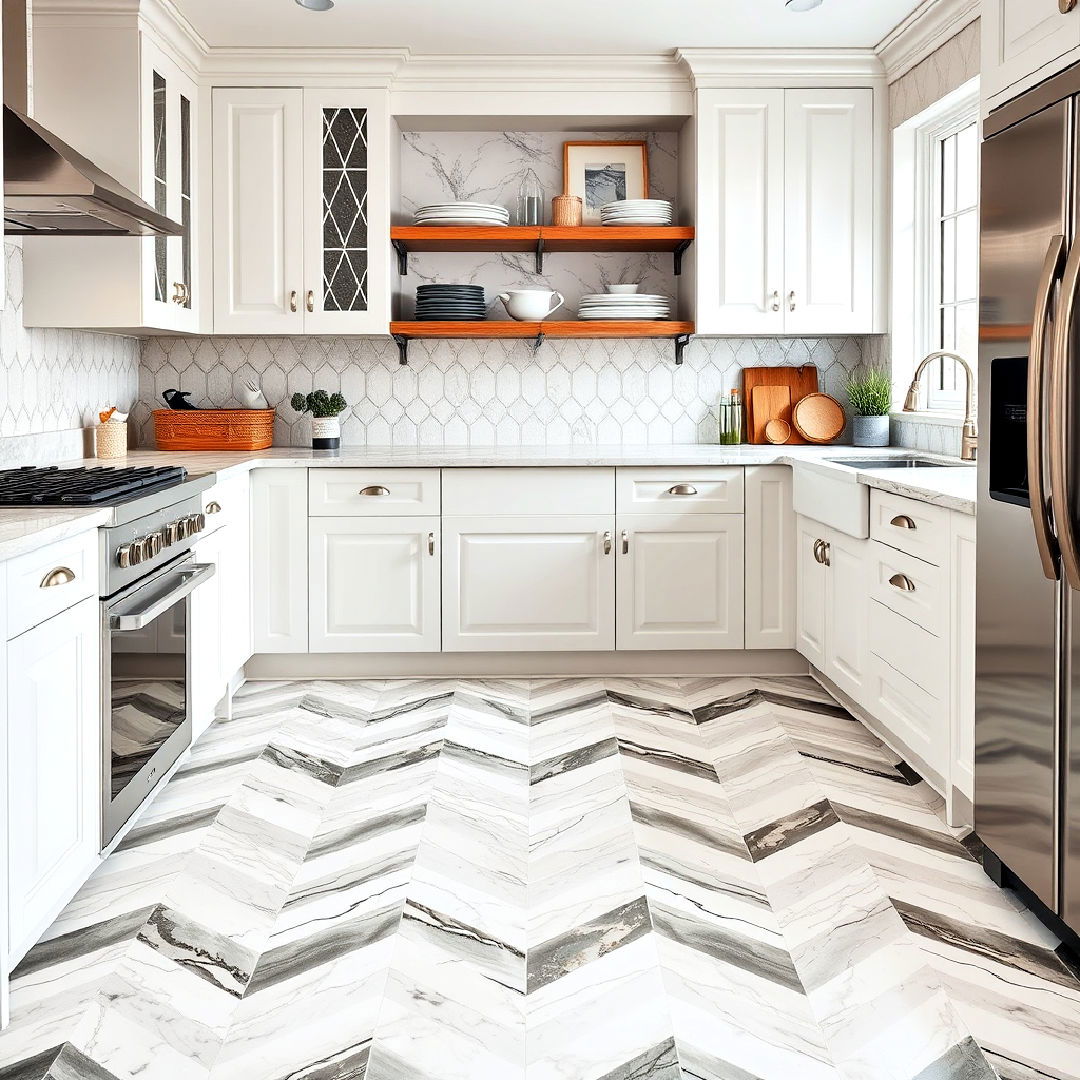 dynamic marble chevron pattern - 20 Marble Kitchen Floor Ideas
