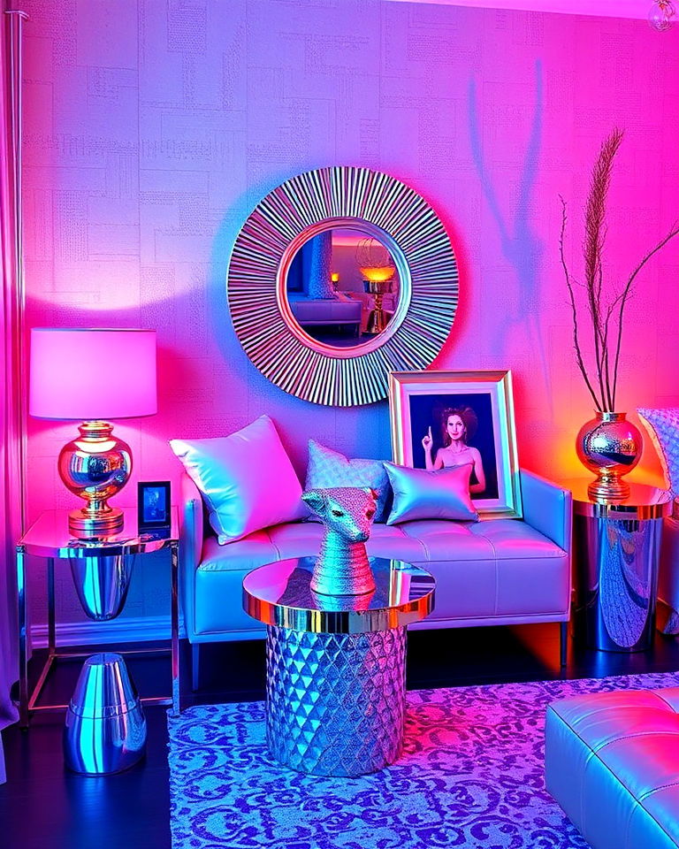dynamic metallic accents - 20 Vaporwave Room Ideas
