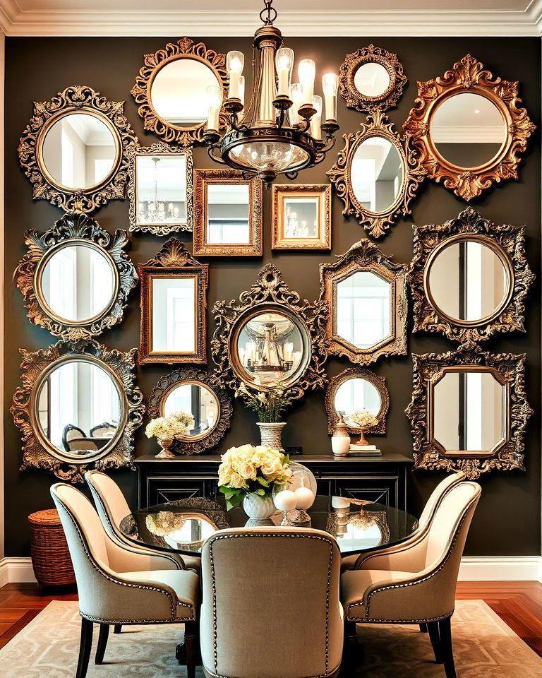 dynamic mirrored frames with intricate designs - 20 Mirror Collage Wall Ideas