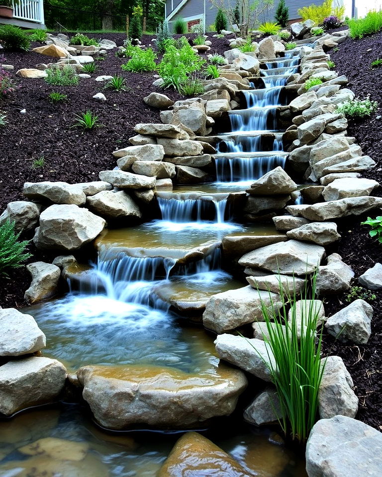 dynamic multi level water feature - 25 Down Sloped Backyard Ideas