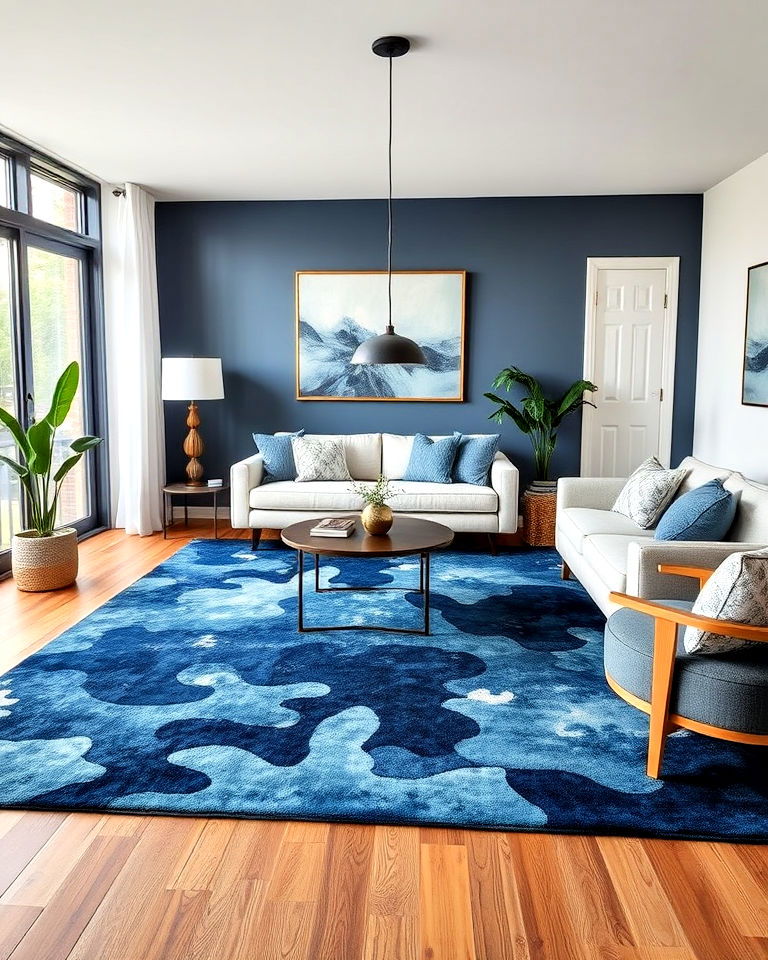 dynamic navy blue abstract rug - 25 Navy Blue Living Room Ideas