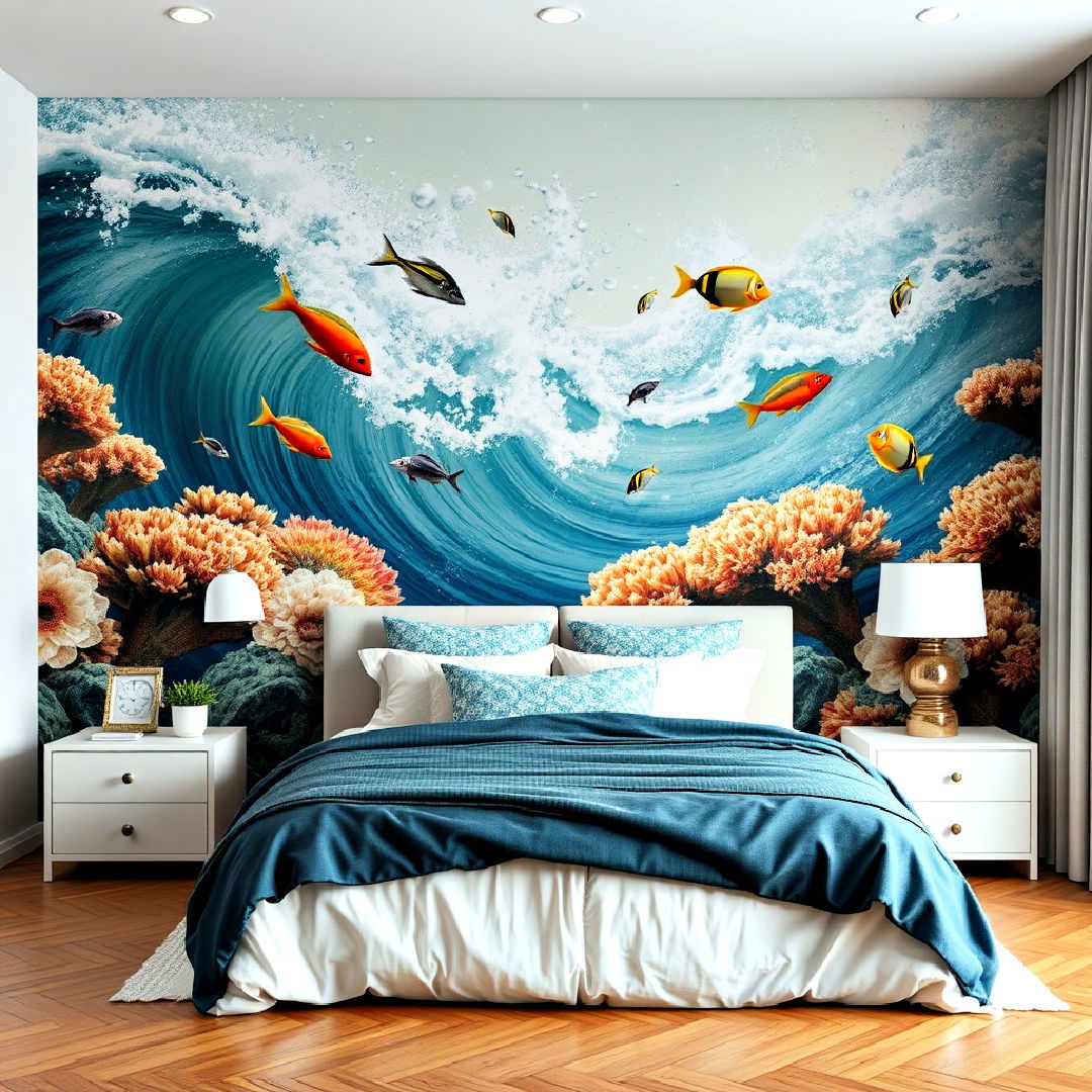 dynamic ocean themed statement wallpaper - 40 Ocean-themed Bedroom Ideas