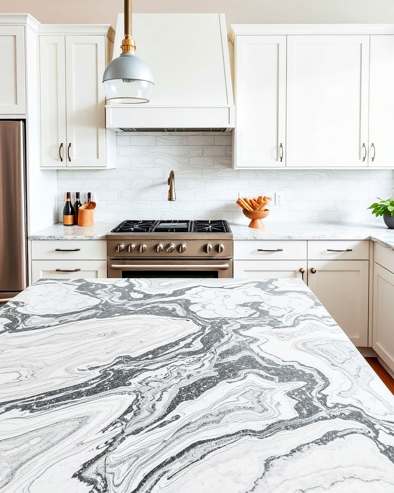 dynamic patterned quartz for visual interest - 20 Quartz Kitchen Countertops