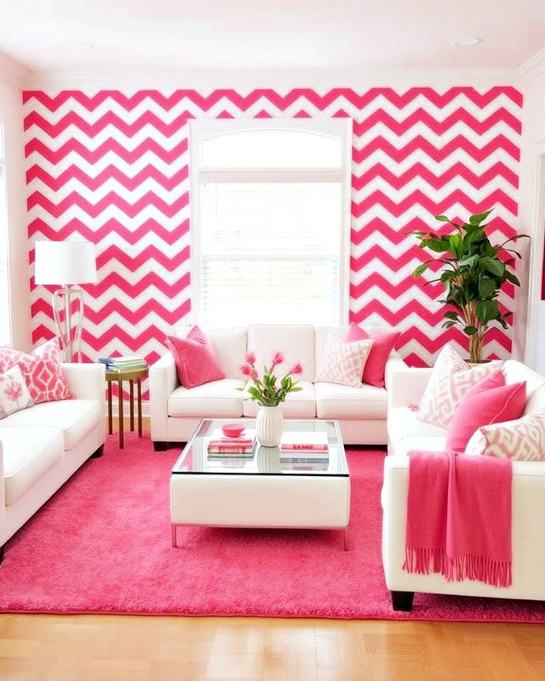 dynamic pink and white chevron patterns - 20 Pink and White Living Room Ideas