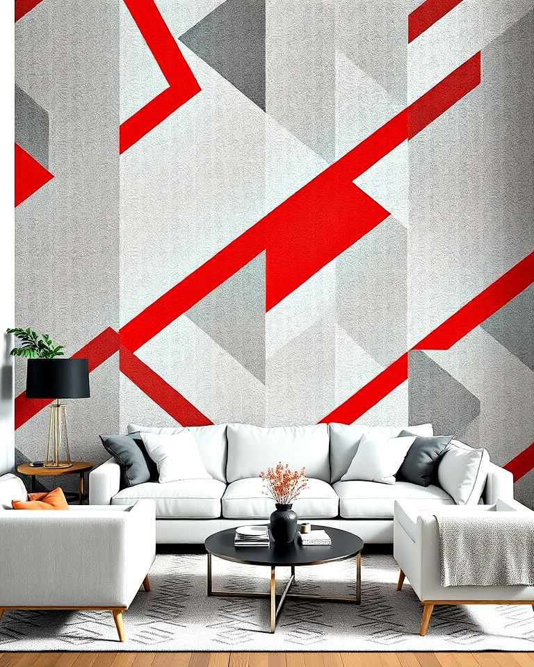 dynamic red and grey geometric wallpaper - 25 Red and Grey Living Room Ideas