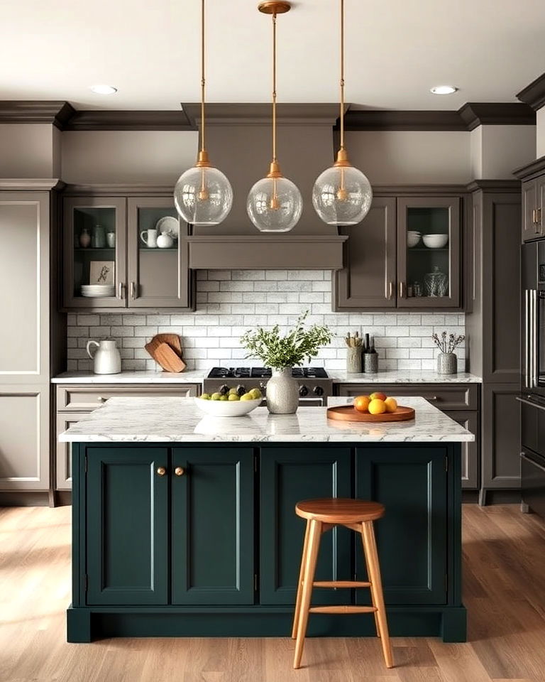 dynamic taupe cabinets with a contrasting island - 25 Taupe Kitchen Cabinet Ideas