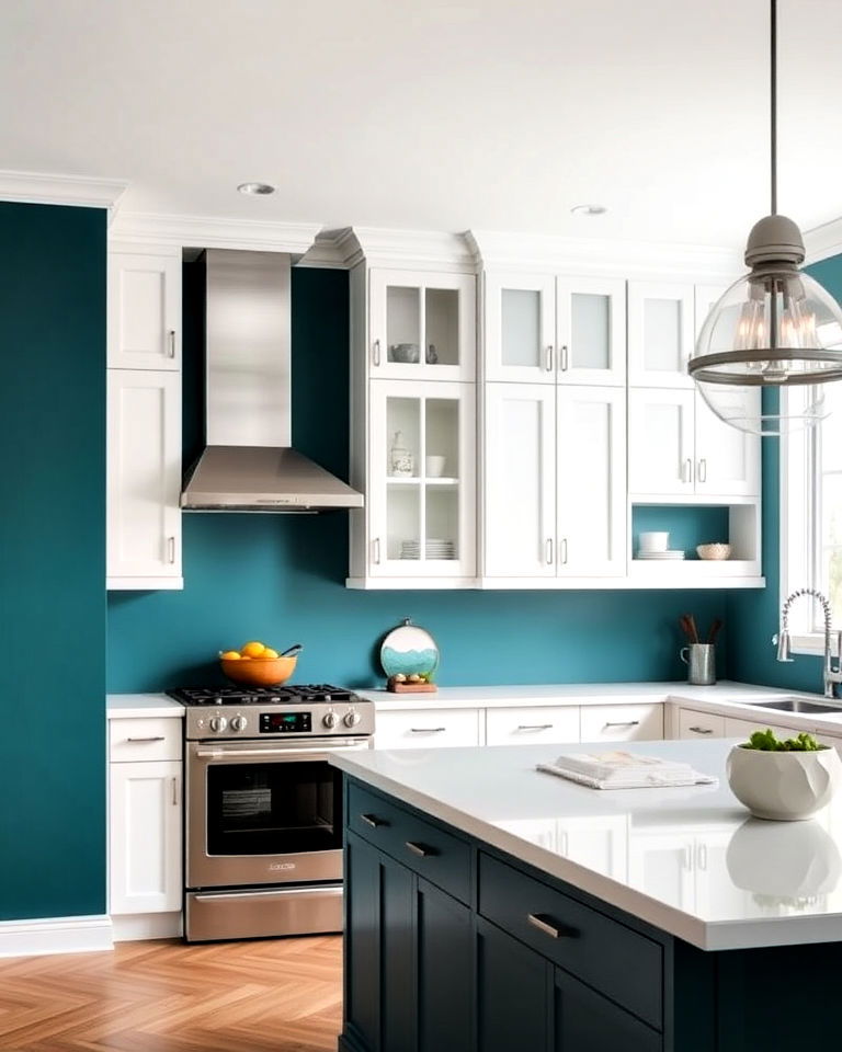 dynamic teal accent wall with white cabinets - 20 Teal and White Kitchen Ideas