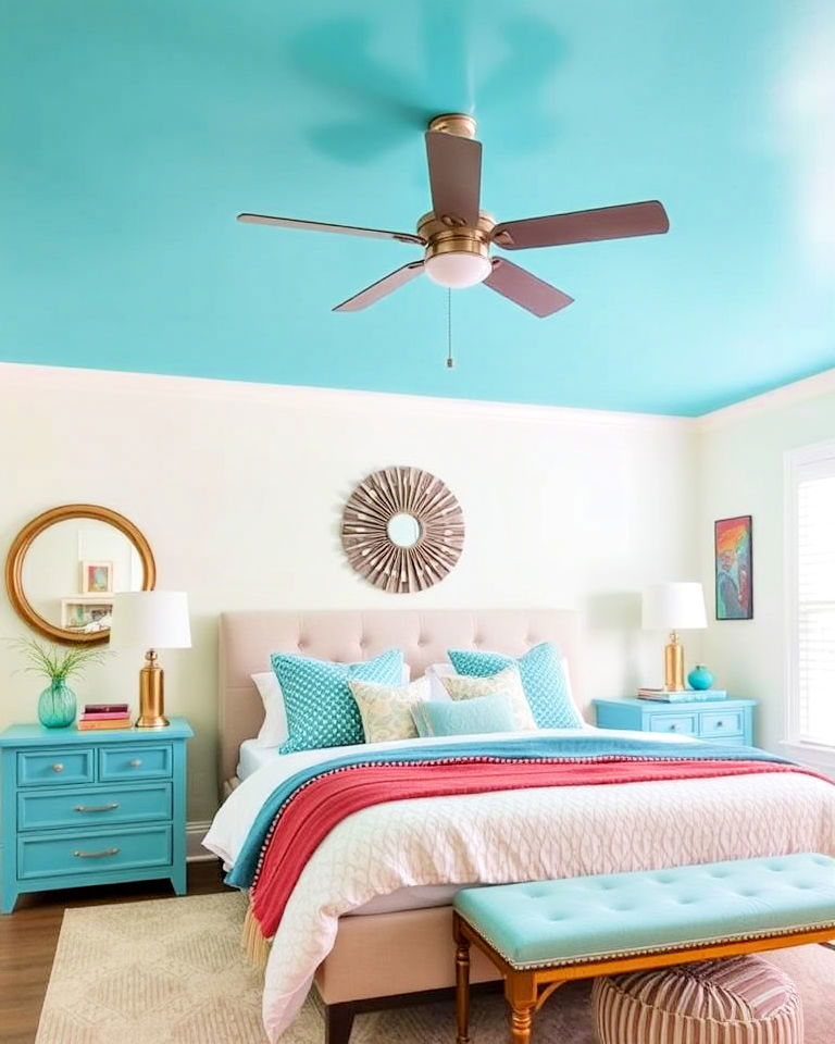dynamic turquoise ceiling - 15 Turquoise Bedroom Ideas