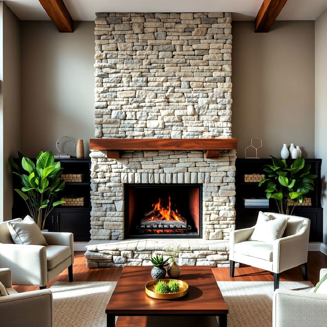 dynamic two tone stacked stone fireplace - 25 Stacked Stone Fireplace Ideas