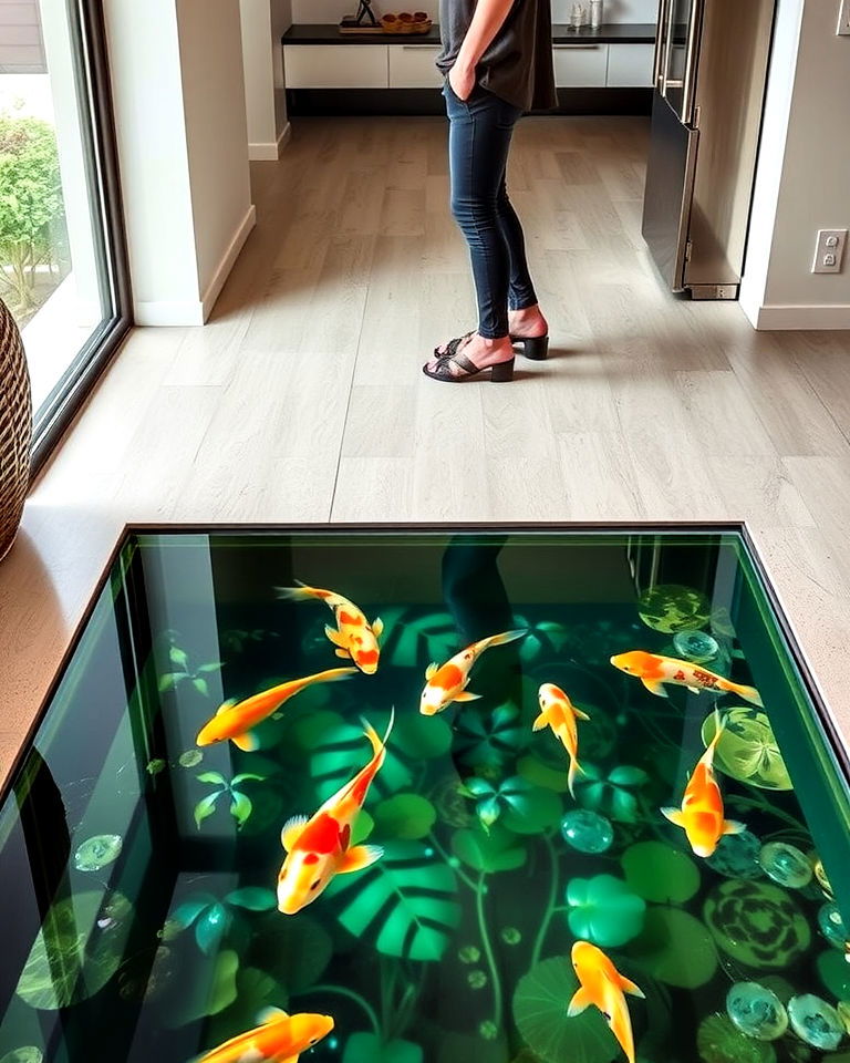 dynamic underfloor glass pond - 20 Indoor Koi Pond Ideas