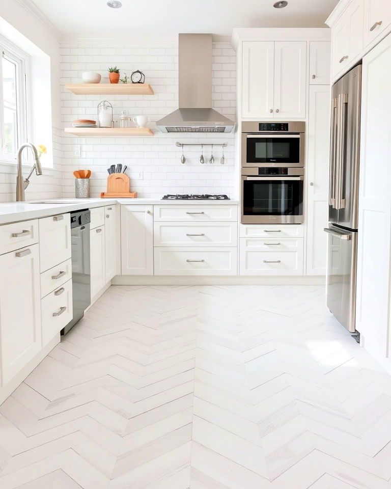 dynamic white chevron tiles floor - 25 White Kitchen Floor Ideas