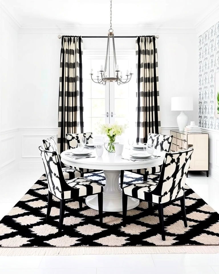 dynamic white dining room and bold patterns - 30 White Dining Room Ideas