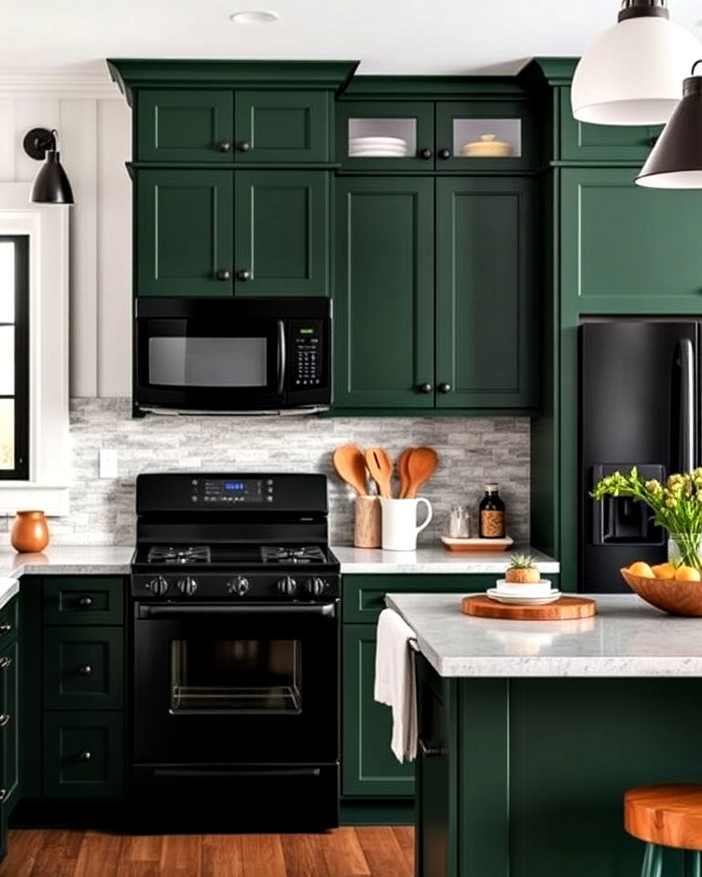 earthy aesthetic dark green cabinets - 20 What Color Cabinets Go With Black Appliances