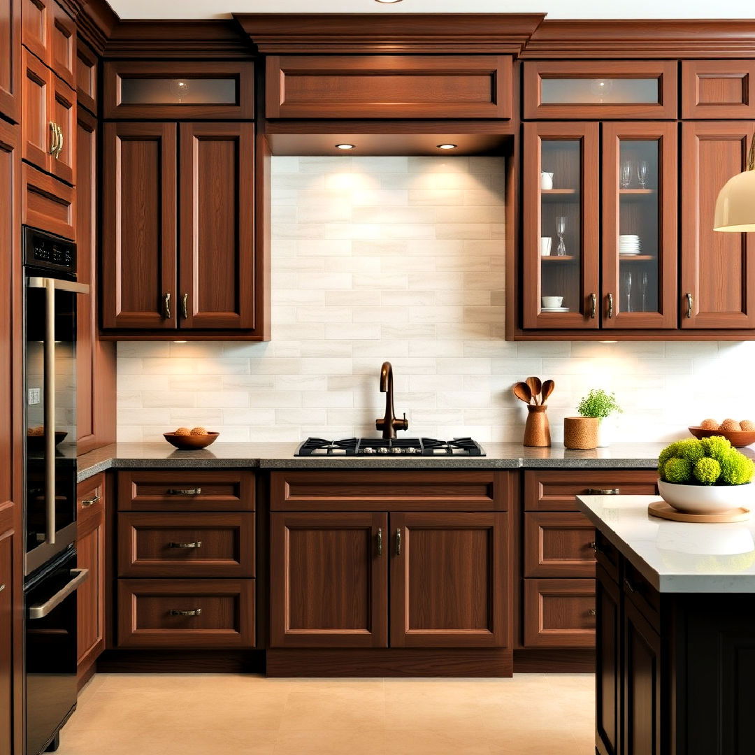 earthy brown cabinets with contrasting backsplash - 20 Brown Kitchen Ideas