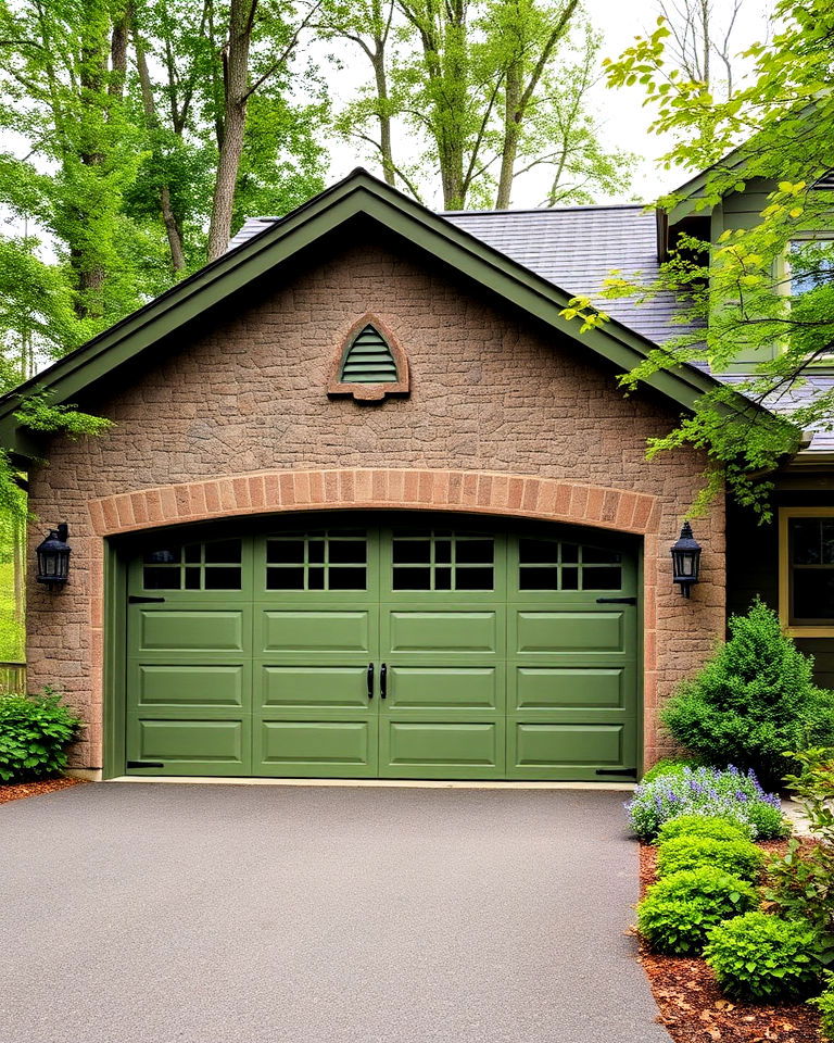 earthy charm with moss green garage door - 20 Green Garage Door Ideas
